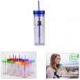 16oz Double Wall Clear Plastic Skinny Tumblers With Straw