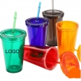 Plastic Double Walls Travel Mug Tumbler With Straw Volume 16 OZ